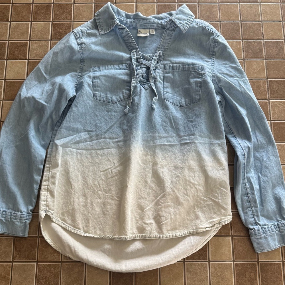 Girls Mudd Blue and White Ombre Blouse with Mandarin Collar Size 12